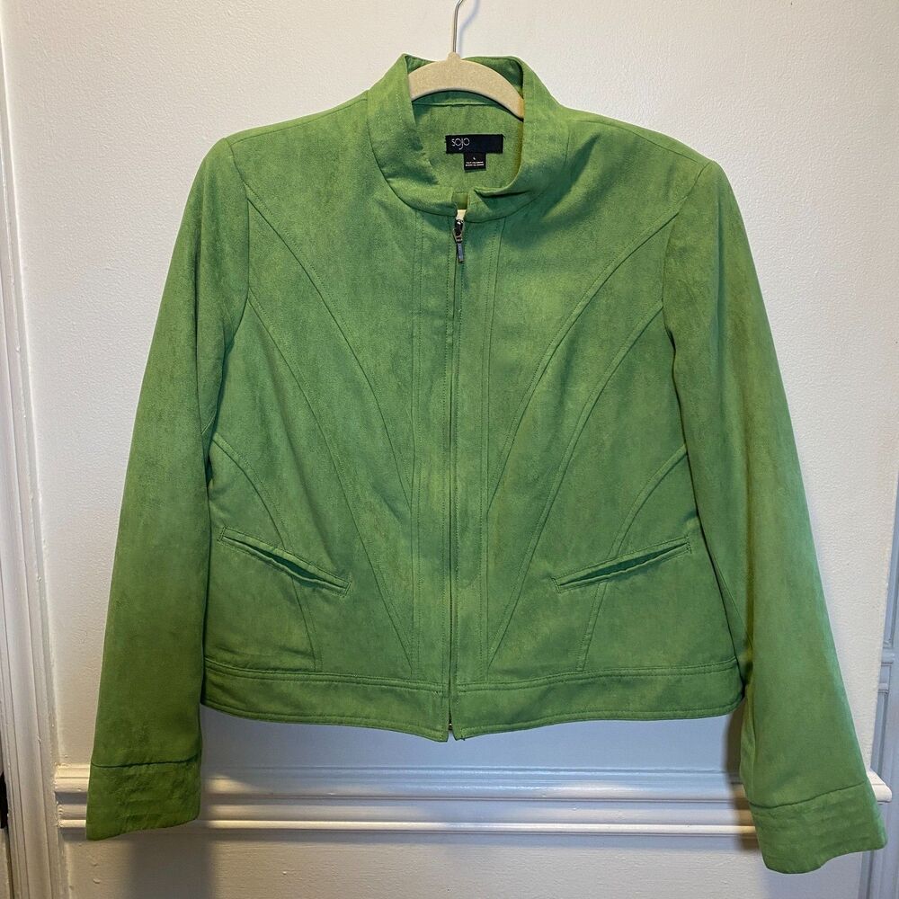 Y2K Green Faux Suede Jacket L Moto Style Zip Front Minimalist Sojo